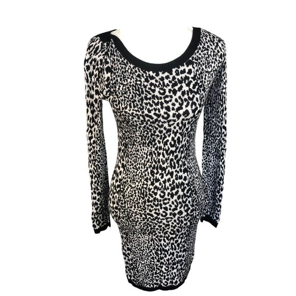 New French Connection Sexy Bodycon Long Sleeve Leopard Print Knit Mini Dress 10